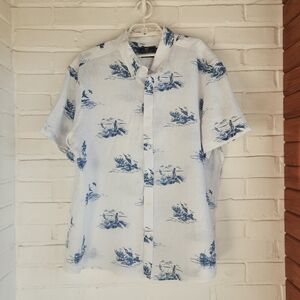 Vineyard Vines Shirt Mens XL White Blue Linen Aloha Fishing Hawaiian Tropic
